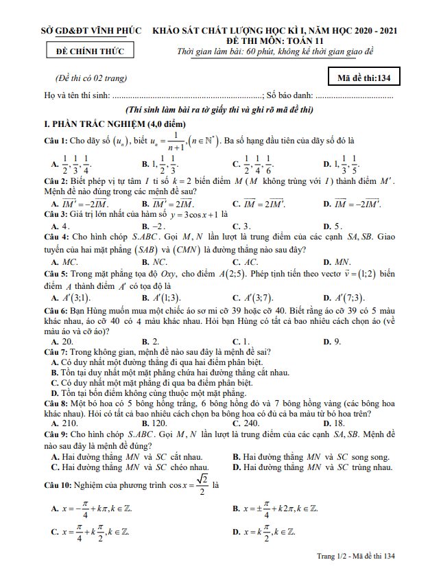 Đề thi học kì 1 (HK1) lớp 11 môn Toán năm học 2020 2021 sở GD ĐT Vĩnh Phúc