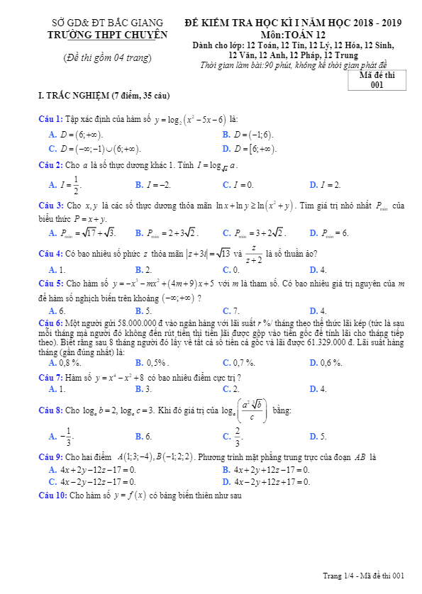 Đề thi học kì 1 (HK1) lớp 12 môn Toán năm 2018 2019 trường THPT chuyên Bắc Giang