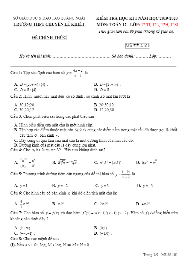 Đề thi học kì 1 (HK1) lớp 12 môn Toán năm 2019 2020 trường chuyên Lê Khiết Quảng Ngãi