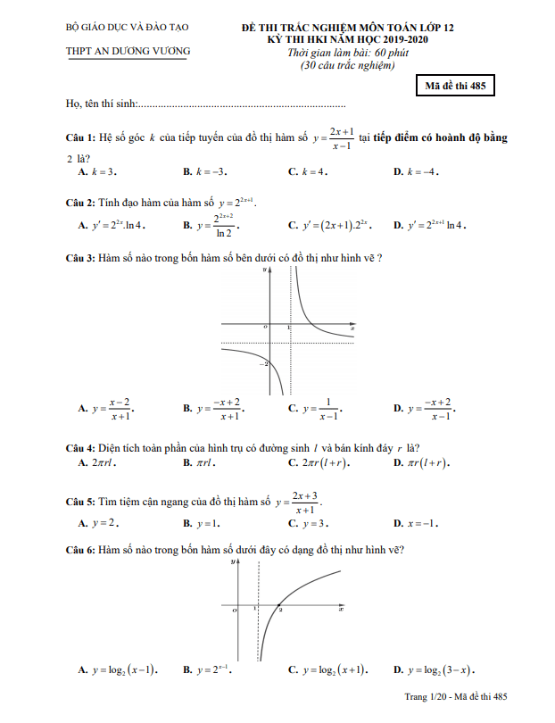 Đề thi học kì 1 (HK1) lớp 12 môn Toán năm 2019 2020 trường THPT An Dương Vương TP HCM