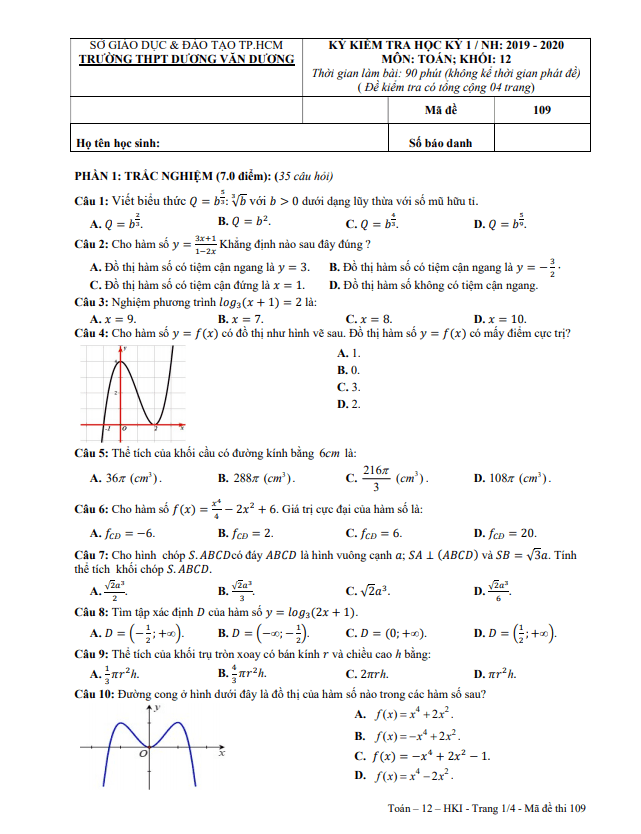 Đề thi học kì 1 (HK1) lớp 12 môn Toán năm 2019 2020 trường THPT Dương Văn Dương TP HCM