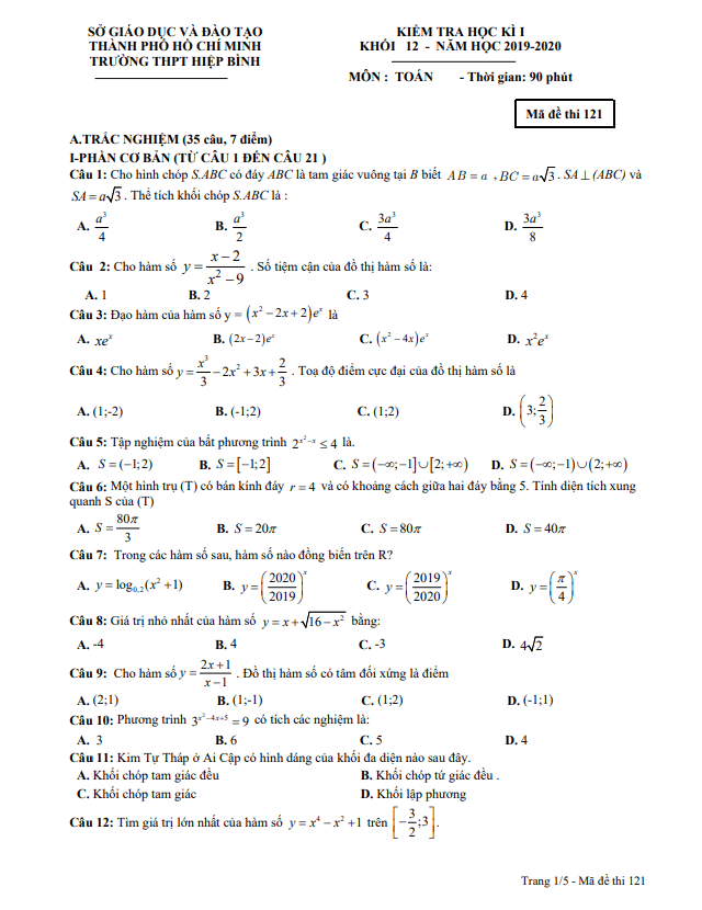Đề thi học kì 1 (HK1) lớp 12 môn Toán năm 2019 2020 trường THPT Hiệp Bình TP HCM
