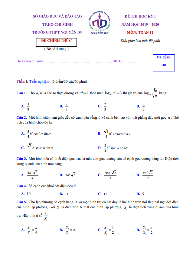 Đề thi học kì 1 (HK1) lớp 12 môn Toán năm 2019 2020 trường THPT Nguyễn Du TP HCM