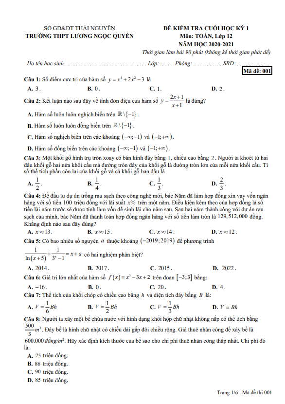 Đề thi học kì 1 (HK1) lớp 12 môn Toán năm 2020 2021 trường Lương Ngọc Quyến Thái Nguyên