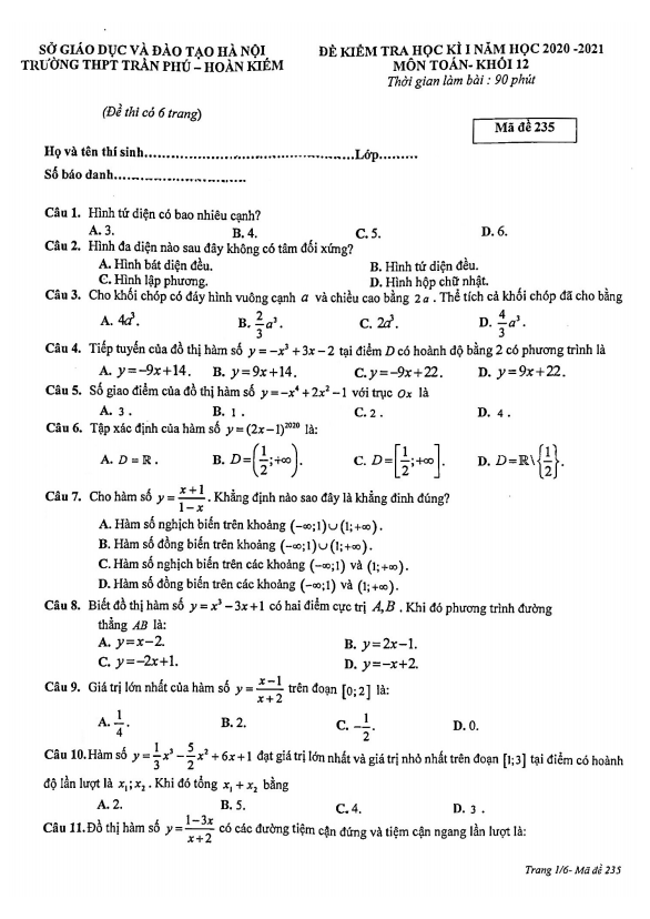 Đề thi học kì 1 (HK1) lớp 12 môn Toán năm 2020 2021 trường THPT Trần Phú Hà Nội