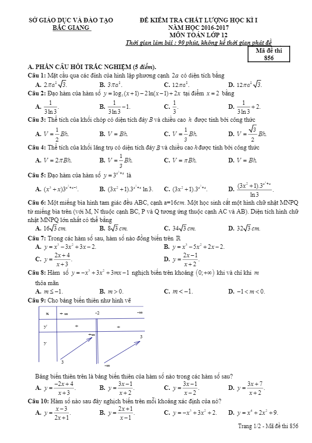 Đề thi học kì 1 (HK1) lớp 12 môn Toán năm học 2016 2017 sở GD và ĐT Bắc Giang