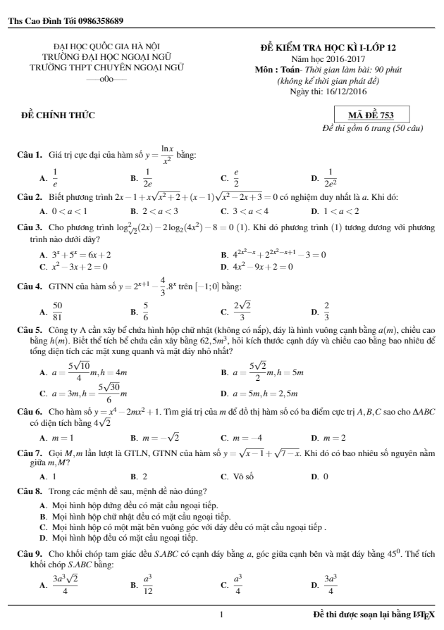Đề thi học kì 1 (HK1) lớp 12 môn Toán năm học 2016 2017 trường THPT chuyên Ngoại ngữ Hà Nội
