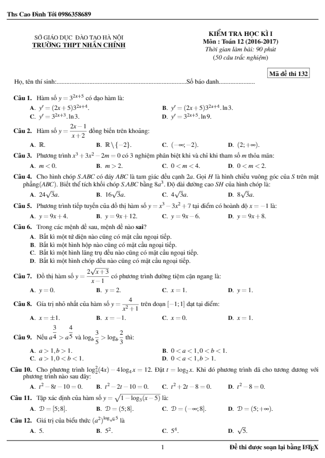 Đề thi học kì 1 (HK1) lớp 12 môn Toán năm học 2016 2017 trường THPT Nhân Chính Hà Nội