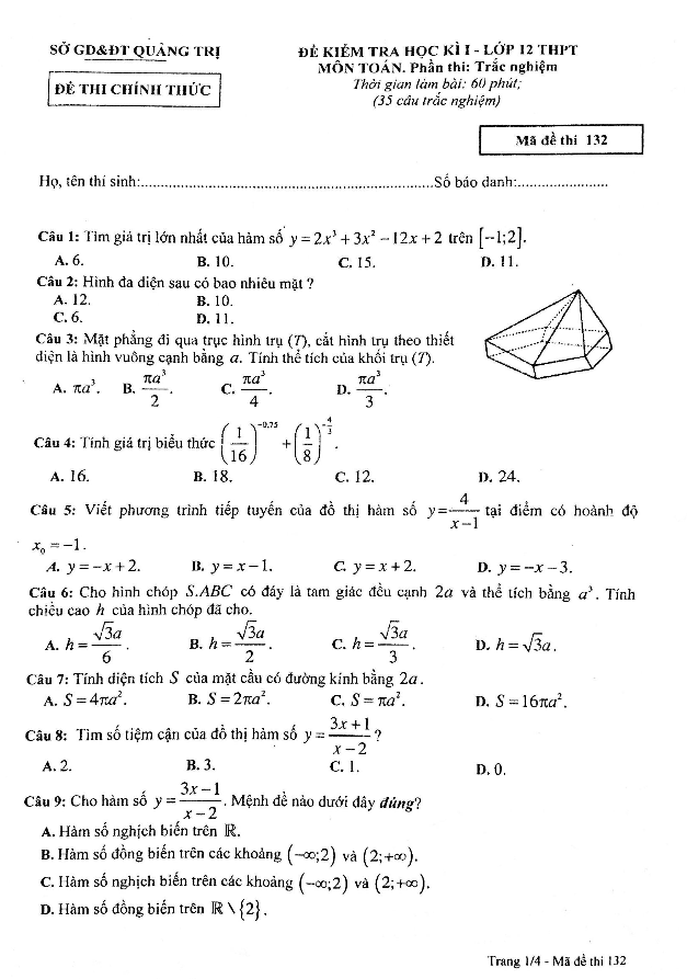 Đề thi học kì 1 (HK1) lớp 12 môn Toán năm học 2017 2018 sở GD và ĐT Quảng Trị
