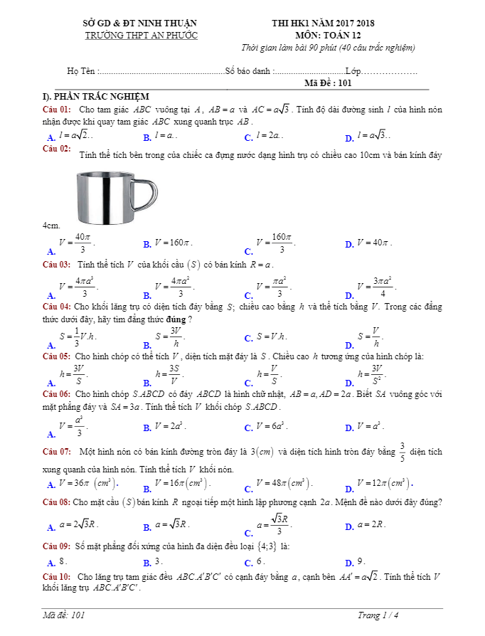 Đề thi học kì 1 (HK1) lớp 12 môn Toán năm học 2017 2018 trường THPT An Phước Ninh Thuận