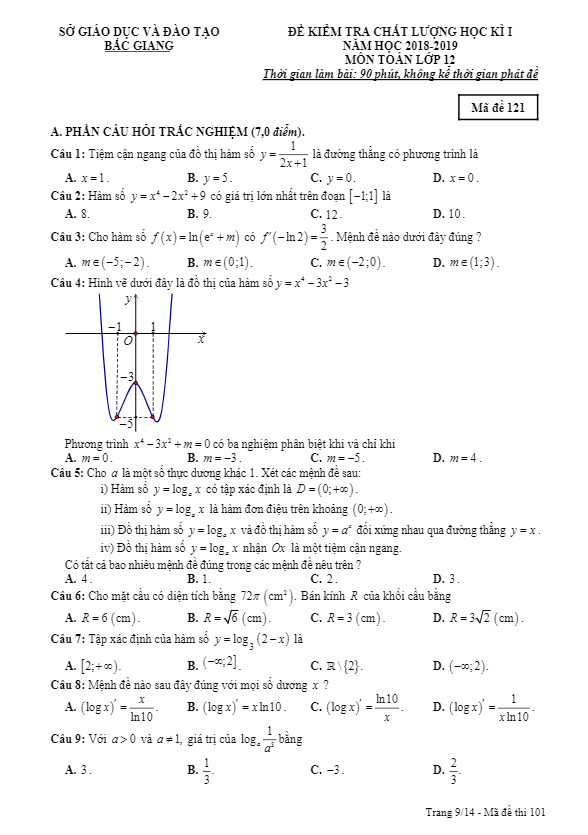 Đề thi học kì 1 (HK1) lớp 12 môn Toán năm học 2018 2019 sở GD ĐT Bắc Giang
