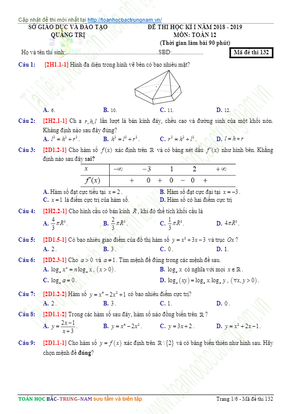 Đề thi học kì 1 (HK1) lớp 12 môn Toán năm học 2018 2019 sở GD và ĐT Quảng Trị