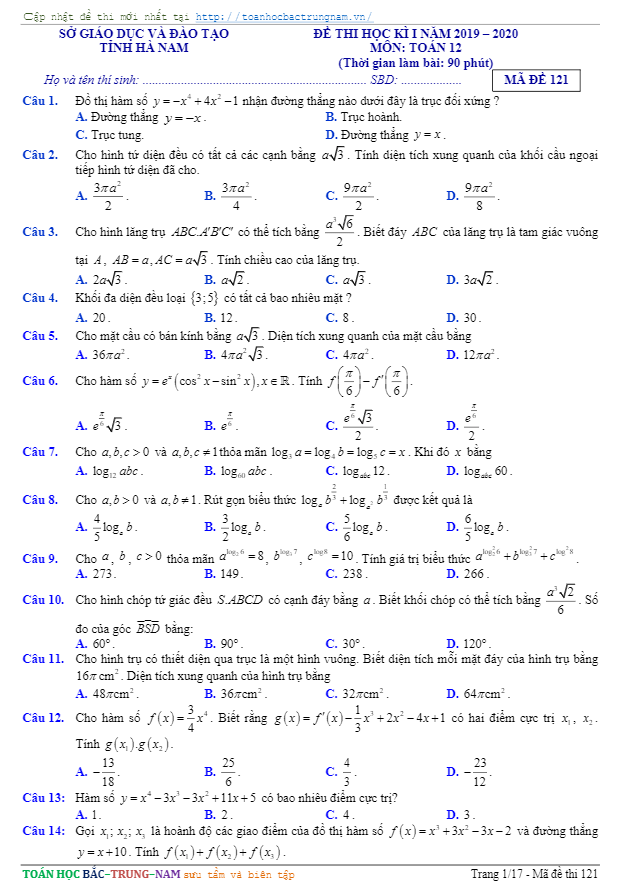 Đề thi học kì 1 (HK1) lớp 12 môn Toán năm học 2019 2020 sở GD ĐT Hà Nam