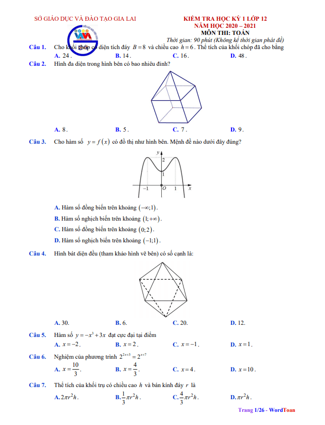Đề thi học kì 1 (HK1) lớp 12 môn Toán năm học 2020 2021 sở GD ĐT Gia Lai
