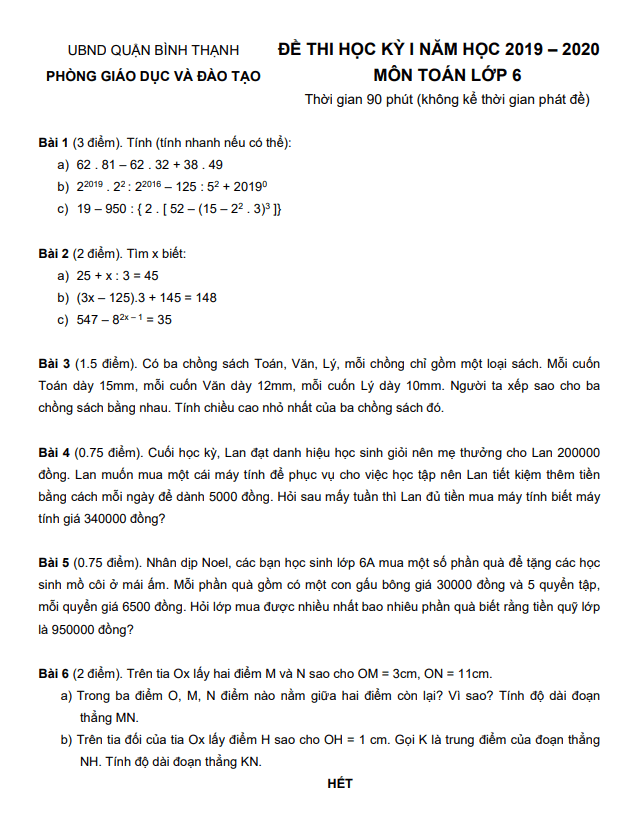 Đề thi học kì 1 (HK1) lớp 6 môn Toán năm 2019 2020 phòng GD ĐT Bình Thạnh TP HCM