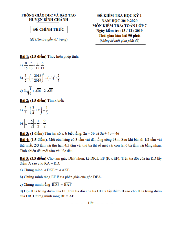 Đề thi học kì 1 (HK1) lớp 7 môn Toán năm 2019 2020 phòng GD ĐT Bình Chánh TP HCM