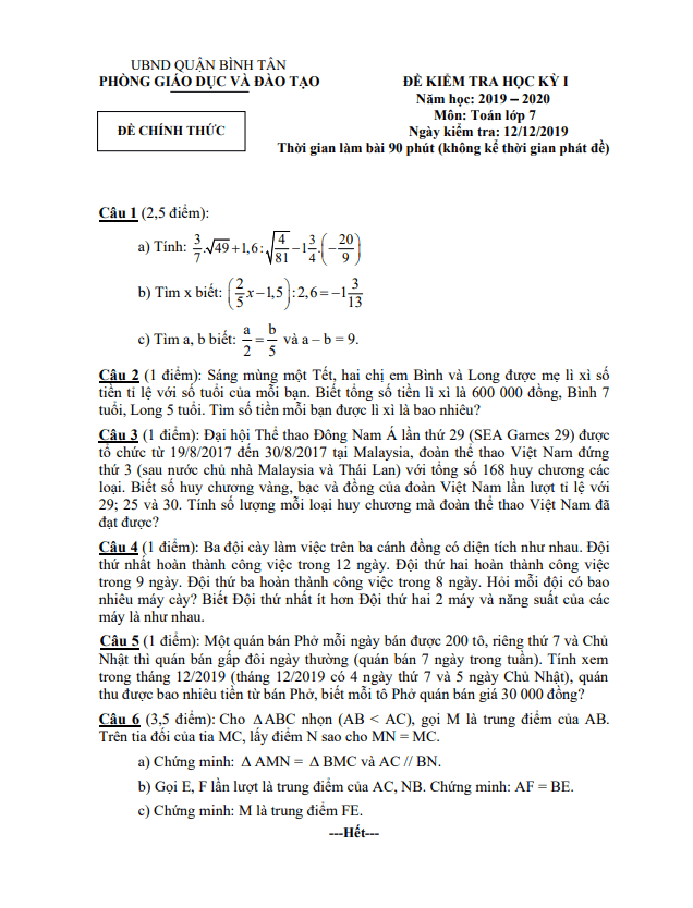 Đề thi học kì 1 (HK1) lớp 7 môn Toán năm 2019 2020 phòng GD ĐT Bình Tân TP HCM