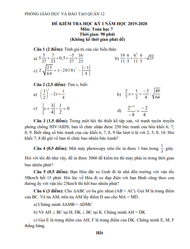 Đề thi học kì 1 (HK1) lớp 7 môn Toán năm 2019 2020 phòng GD ĐT Quận 12 TP HCM