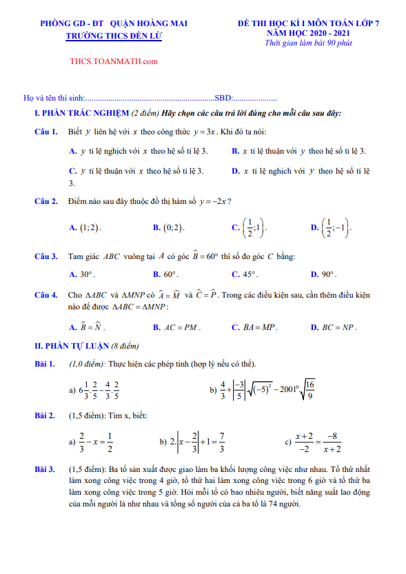 Đề thi học kì 1 (HK1) lớp 7 môn Toán năm 2020 2021 trường THCS Đền Lừ Hà Nội