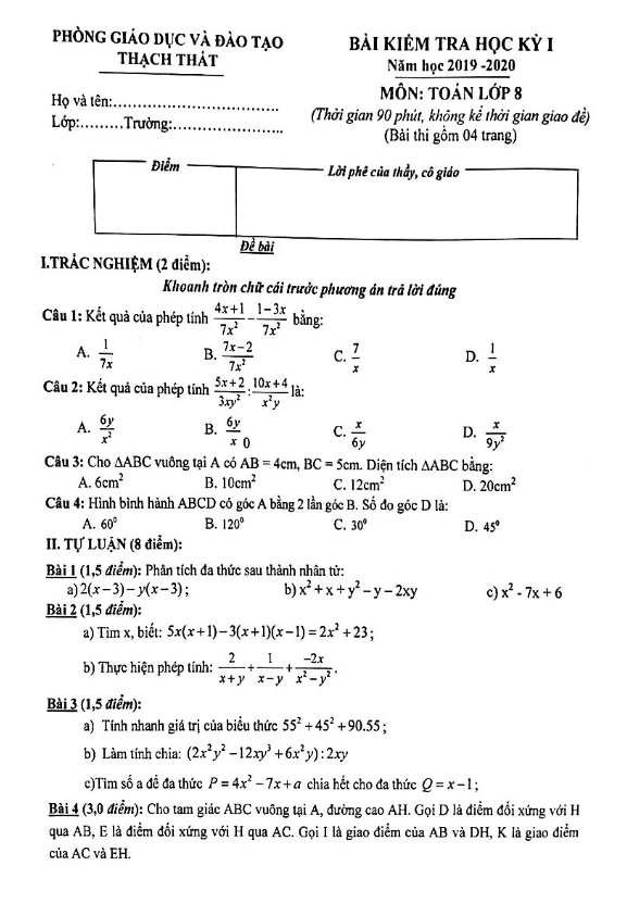 Đề thi học kì 1 (HK1) lớp 8 môn Toán năm 2019 2020 phòng GD ĐT Thạch Thất Hà Nội