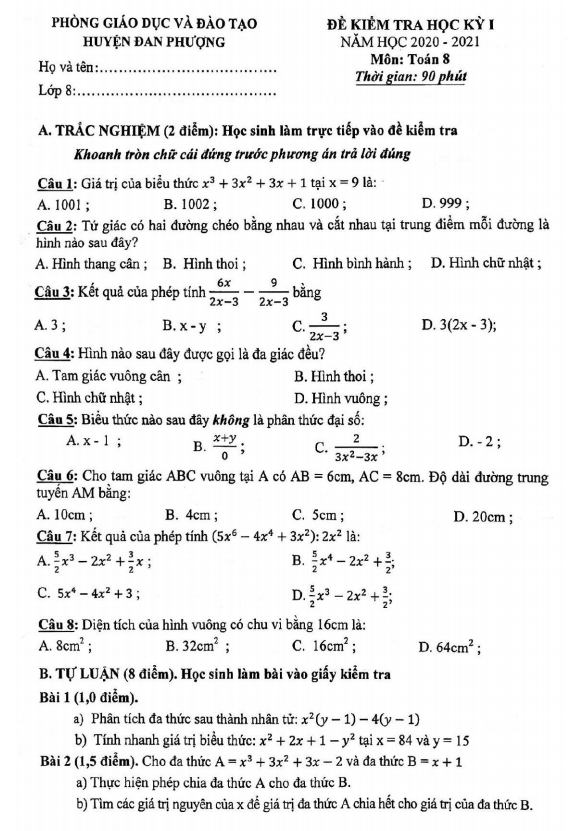 Đề thi học kì 1 (HK1) lớp 8 môn Toán năm 2020 2021 phòng GD ĐT Đan Phượng Hà Nội
