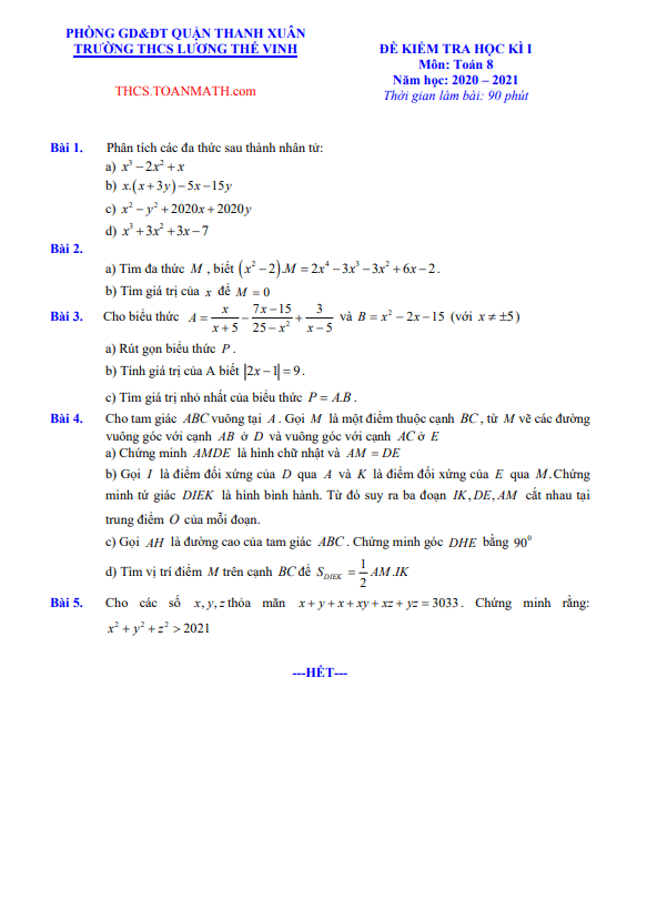 Đề thi học kì 1 (HK1) lớp 8 môn Toán năm 2020 2021 trường Lương Thế Vinh Hà Nội