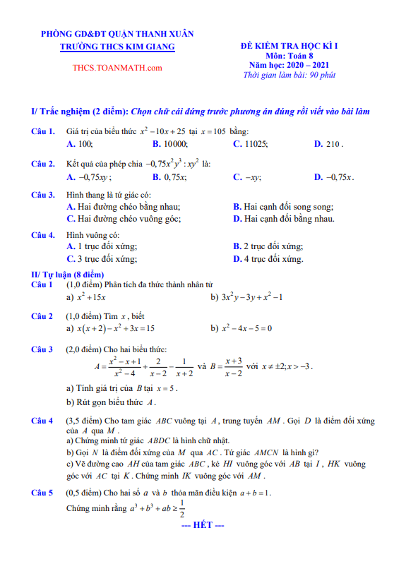Đề thi học kì 1 (HK1) lớp 8 môn Toán năm 2020 2021 trường THCS Kim Giang Hà Nội