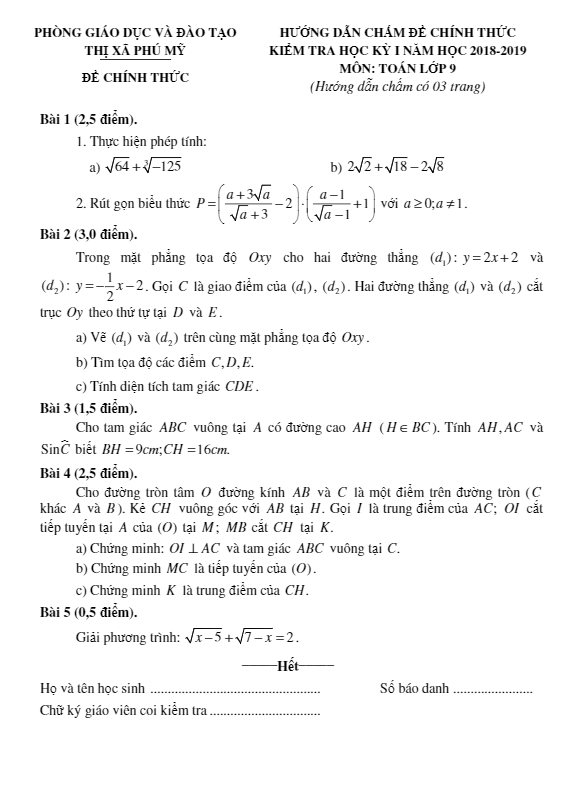 Đề thi học kì 1 (HK1) lớp 9 môn Toán năm 2018 2019 phòng GD ĐT Thị Xã Phú Mỹ Bà Rịa Vũng Tàu