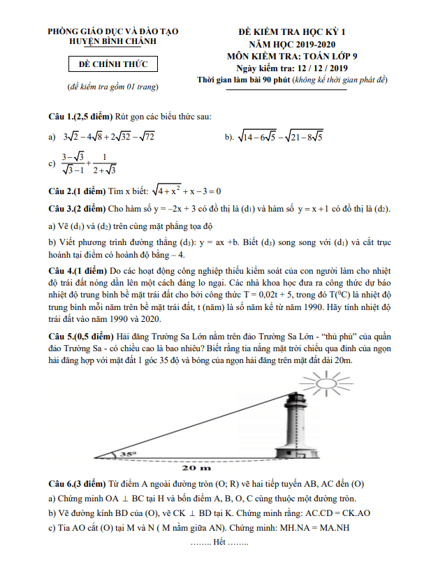 Đề thi học kì 1 (HK1) lớp 9 môn Toán năm 2019 2020 phòng GD ĐT Bình Chánh TP HCM