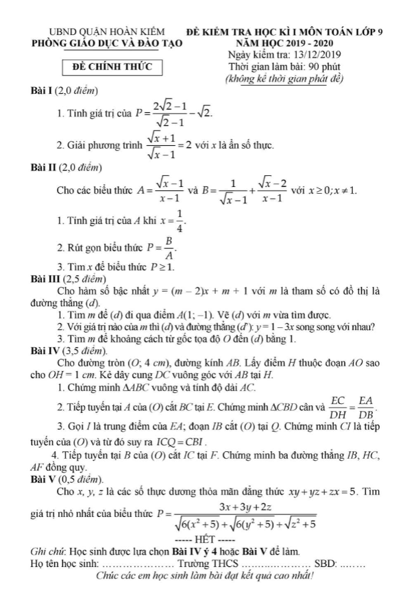 Đề thi học kì 1 (HK1) lớp 9 môn Toán năm 2019 2020 phòng GD ĐT Hoàn Kiếm Hà Nội