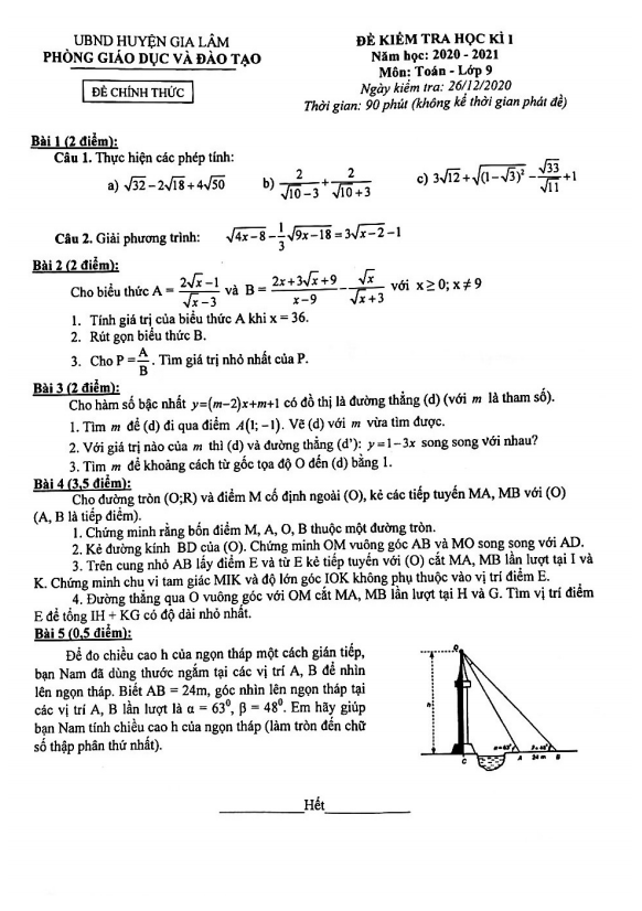 Đề thi học kì 1 (HK1) lớp 9 môn Toán năm 2020 2021 phòng GD ĐT Gia Lâm Hà Nội