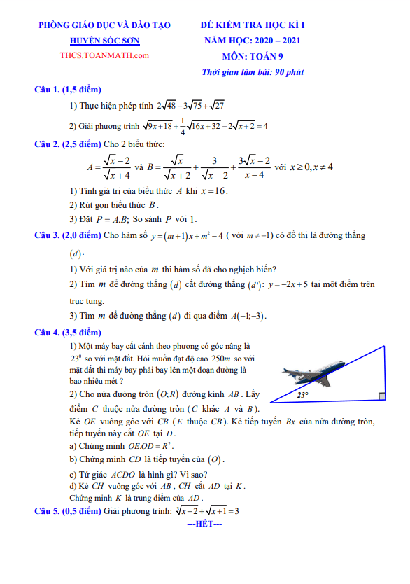 Đề thi học kì 1 (HK1) lớp 9 môn Toán năm 2020 2021 phòng GD ĐT Sóc Sơn Hà Nội