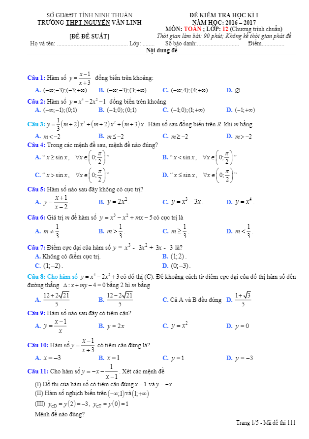 Đề thi học kì 1 (HK1) trường THPT Nguyễn Văn Linh Ninh Thuận