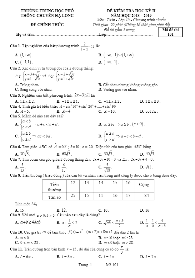 Đề thi học kì 2 (HK2) lớp 10 môn Toán năm 2018 2019 trường chuyên Hạ Long Quảng Ninh