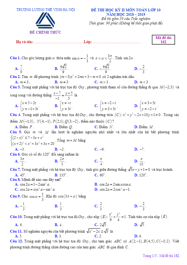 Đề thi học kì 2 (HK2) lớp 10 môn Toán năm 2018 2019 trường Lương Thế Vinh Hà Nội