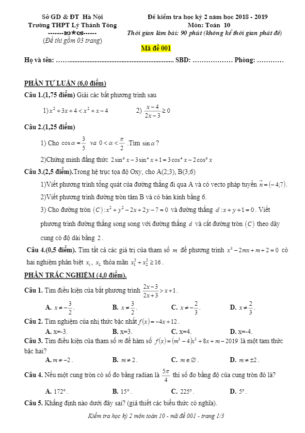 Đề thi học kì 2 (HK2) lớp 10 môn Toán năm 2018 2019 trường THPT Lý Thánh Tông Hà Nội