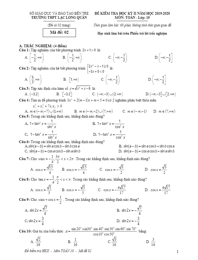 Đề thi học kì 2 (HK2) lớp 10 môn Toán năm 2019 2020 trường THPT Lạc Long Quân Bến Tre