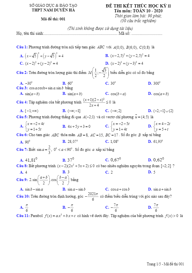 Đề thi học kì 2 (HK2) lớp 10 môn Toán năm 2019 2020 trường THPT Nam Duyên Hà Thái Bình