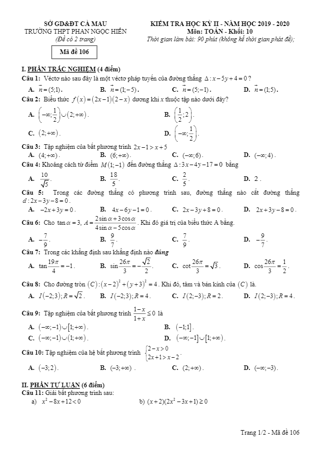 Đề thi học kì 2 (HK2) lớp 10 môn Toán năm 2019 2020 trường THPT Phan Ngọc Hiển Cà Mau