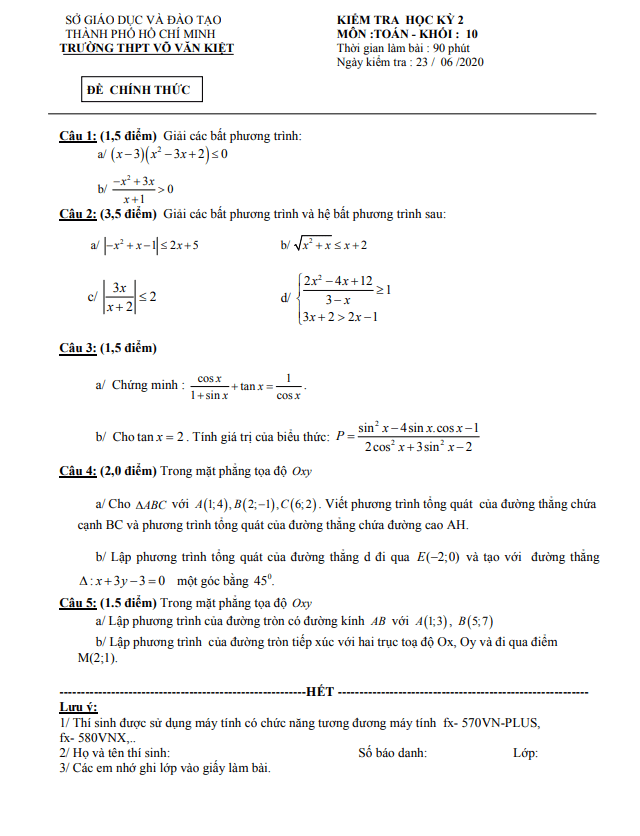 Đề thi học kì 2 (HK2) lớp 10 môn Toán năm 2019 2020 trường THPT Võ Văn Kiệt TP HCM