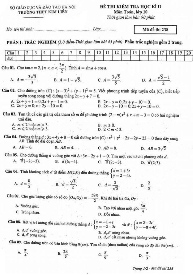 Đề thi học kì 2 (HK2) lớp 10 môn Toán năm học 2016 2017 trường THPT Kim Liên Hà Nội