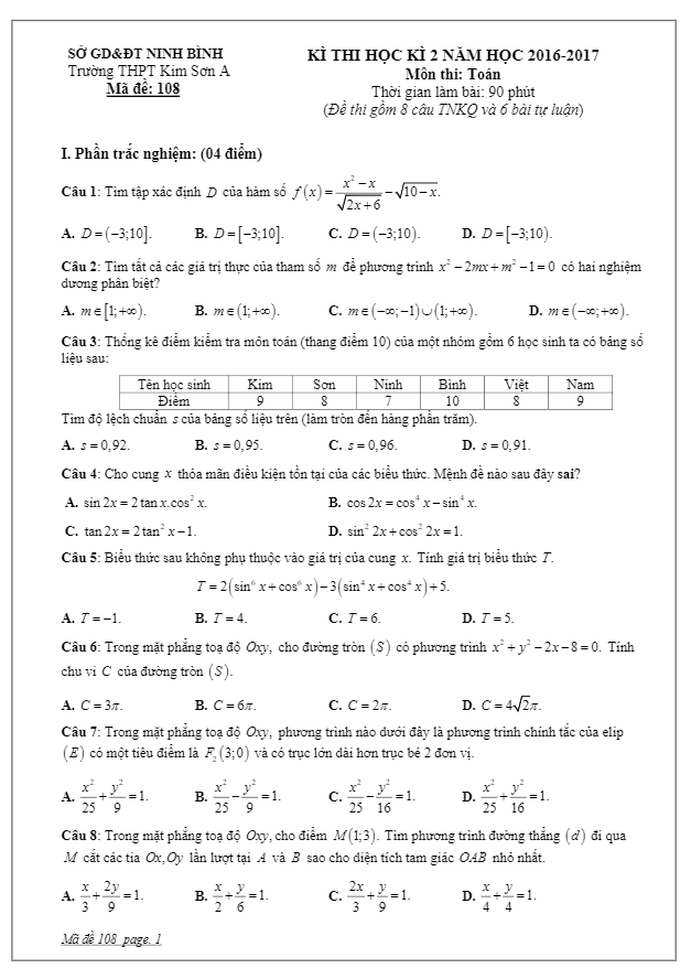 Đề thi học kì 2 (HK2) lớp 10 môn Toán năm học 2016 2017 trường THPT Kim Sơn A Ninh Bình