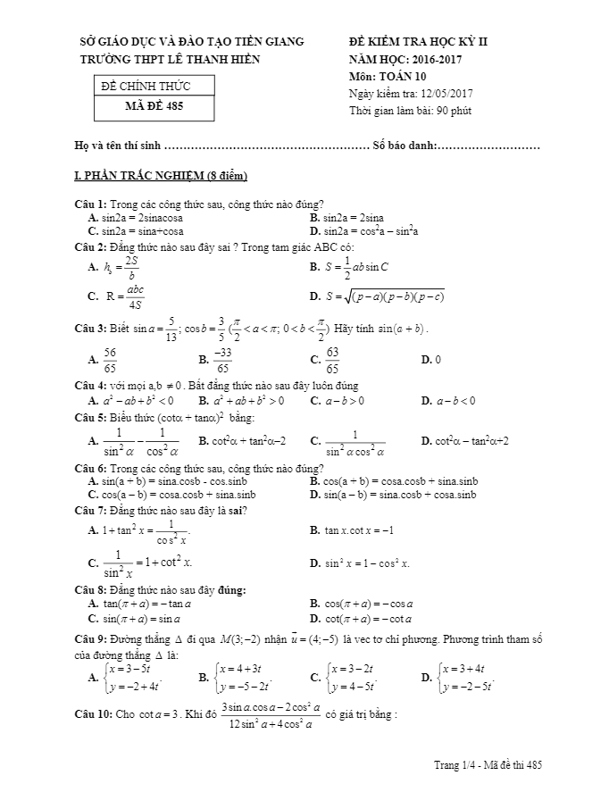 Đề thi học kì 2 (HK2) lớp 10 môn Toán năm học 2016 2017 trường THPT Lê Thanh Hiền Tiền Giang