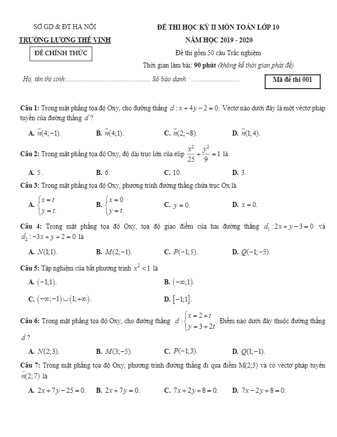 Đề thi học kì 2 (HK2) lớp 10 môn Toán năm học 2019 2020 trường Lương Thế Vinh Hà Nội