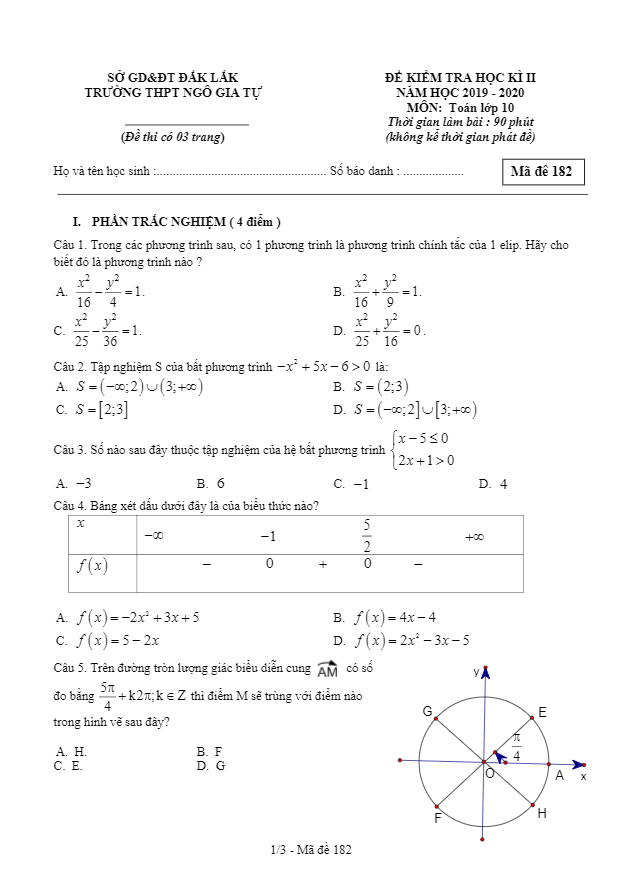 Đề thi học kì 2 (HK2) lớp 10 môn Toán năm học 2019 2020 trường THPT Ngô Gia Tự Đắk Lắk