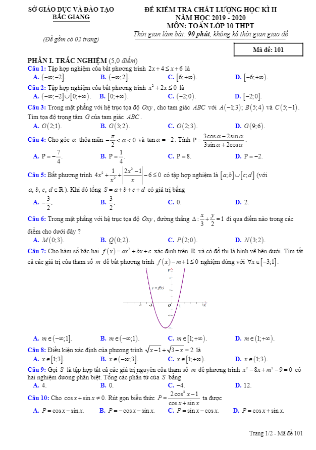 Đề thi học kì 2 (HK2) lớp 10 môn Toán THPT năm học 2019 2020 sở GD ĐT Bắc Giang