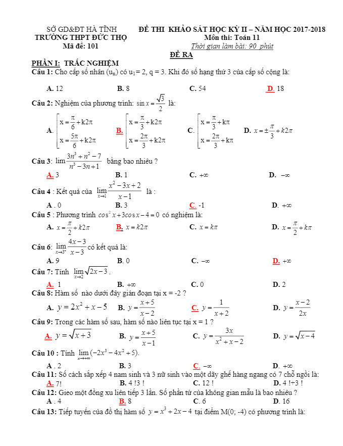 Đề thi học kì 2 (HK2) lớp 11 môn Toán năm 2017 2018 trường THPT Đức Thọ Hà Tĩnh