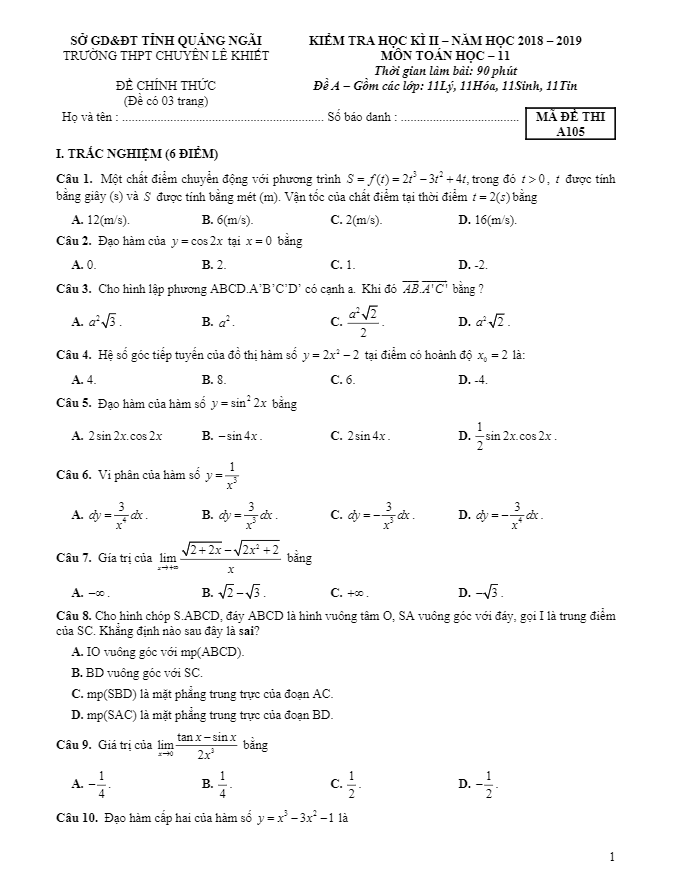 Đề thi học kì 2 (HK2) lớp 11 môn Toán năm 2018 2019 trường chuyên Lê Khiết Quảng Ngãi