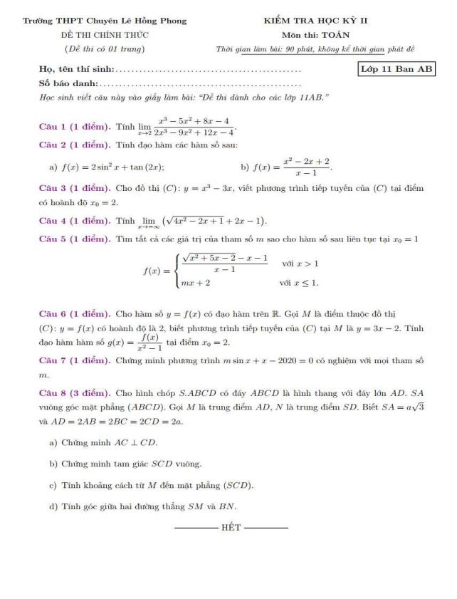 Đề thi học kì 2 (HK2) lớp 11 môn Toán năm 2019 2020 trường chuyên Lê Hồng Phong TP HCM