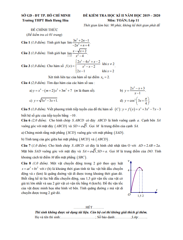 Đề thi học kì 2 (HK2) lớp 11 môn Toán năm 2019 2020 trường THPT Bình Hưng Hòa TP HCM